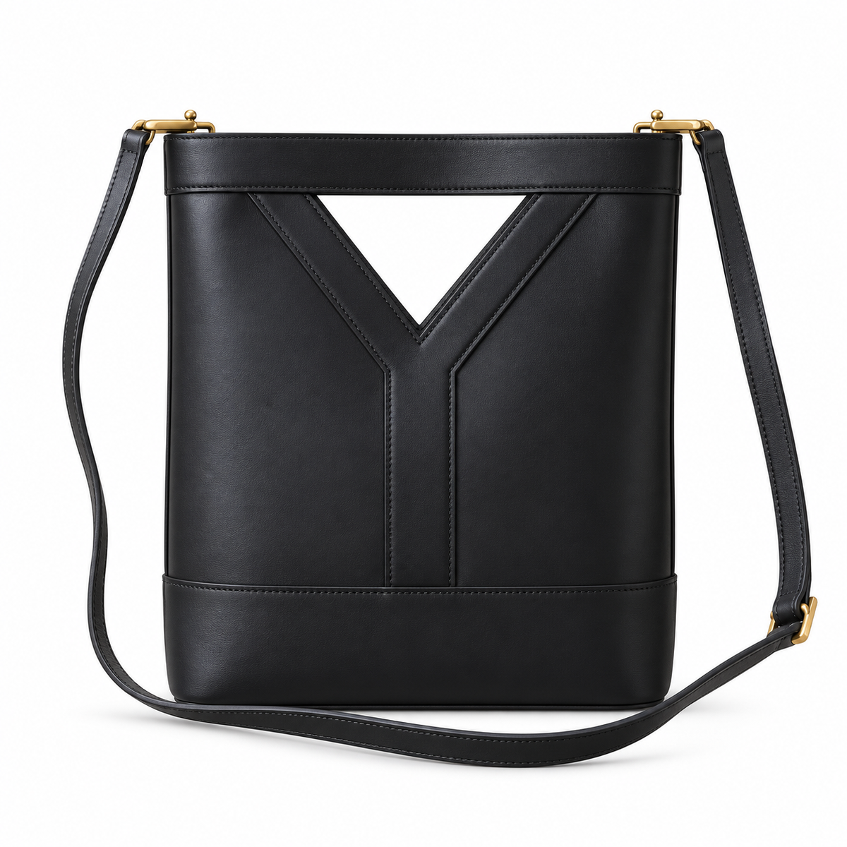 YSL Saint Laurent Cassandre Bucket Bag Black Smooth Leather Y Motif Gold Hardware Shoulder Strap