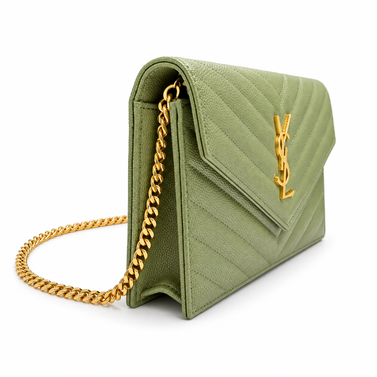 YSL Saint Laurent Envelope Chain Wallet in Sage Green Matelassé Leather