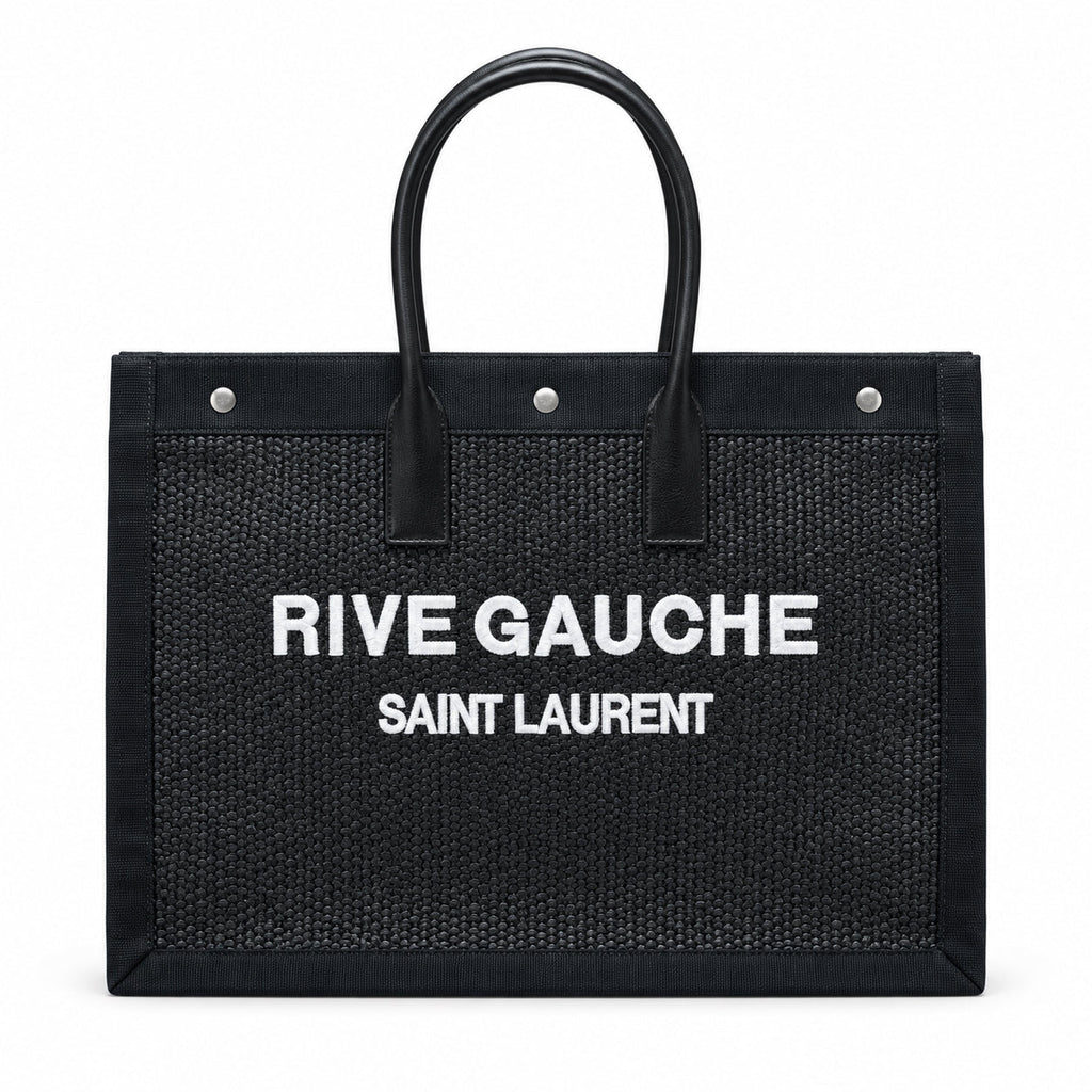 Saint Laurent Rive Gauche Large Tote Bag in Black Canvas and Leather