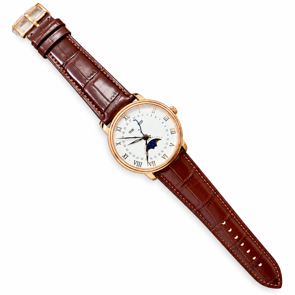Blancpain Villeret Moonphase Full Calendar Rose Gold Blue Hands Brown Alligator Watch