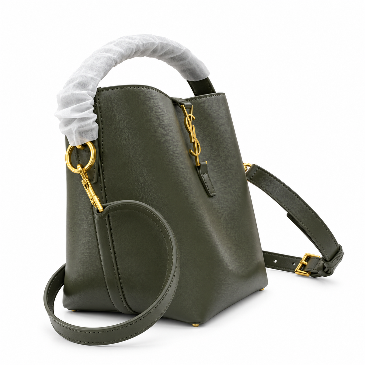 YSL Saint Laurent Le Petit Suzanne Bucket Bag in Khaki Smooth Leather