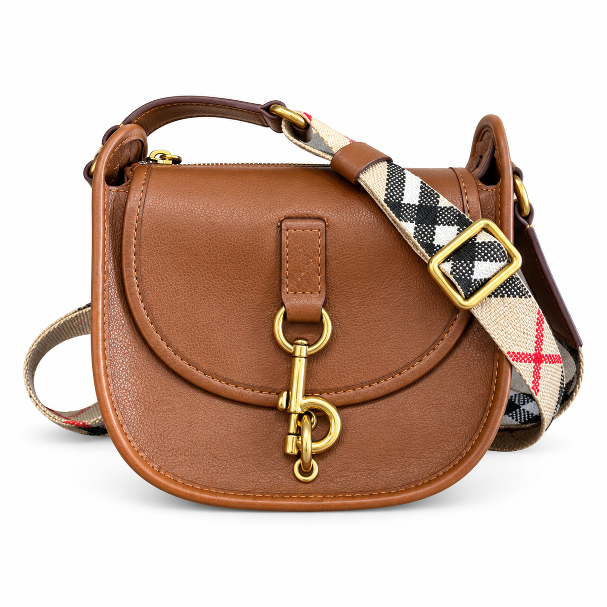 Burberry Cognac Saddle Bag with Heritage Check Strap