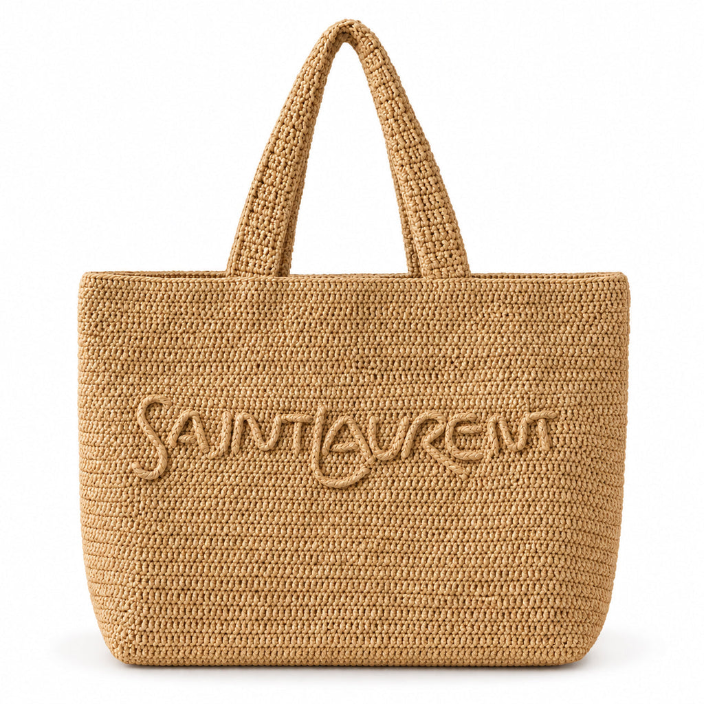 YSL Saint Laurent Raffia Tote Bag Natural Beige Hand-Crocheted Saint Laurent Logo Embroidery
