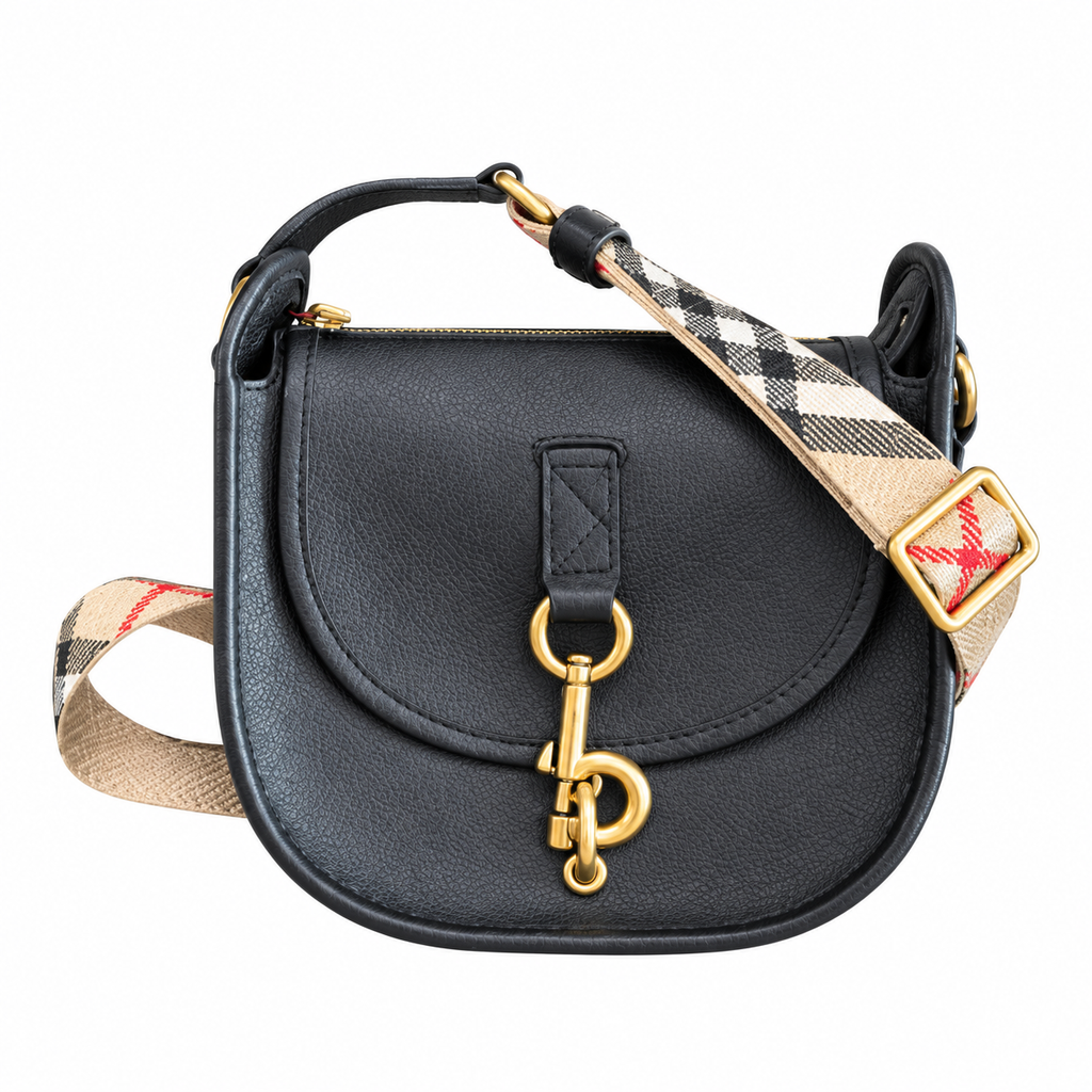 Burberry Black Saddle Bag with Heritage Check Strap
