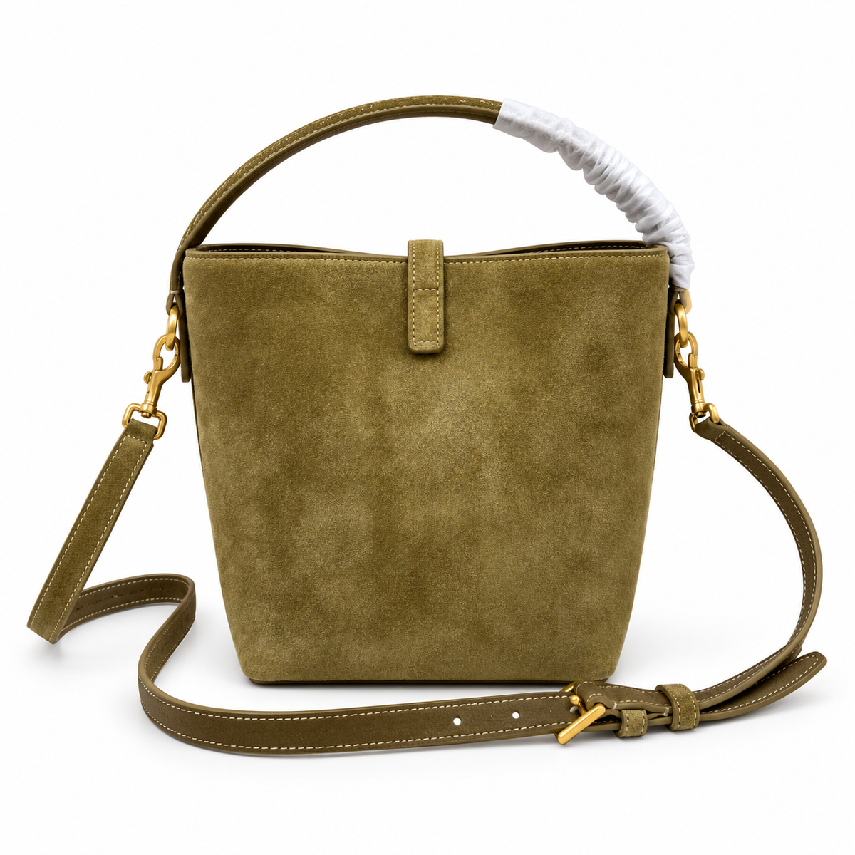 YSL Saint Laurent Suzanne Bucket Bag Olive Suede Gold Hardware Curved Handle Crossbody Strap