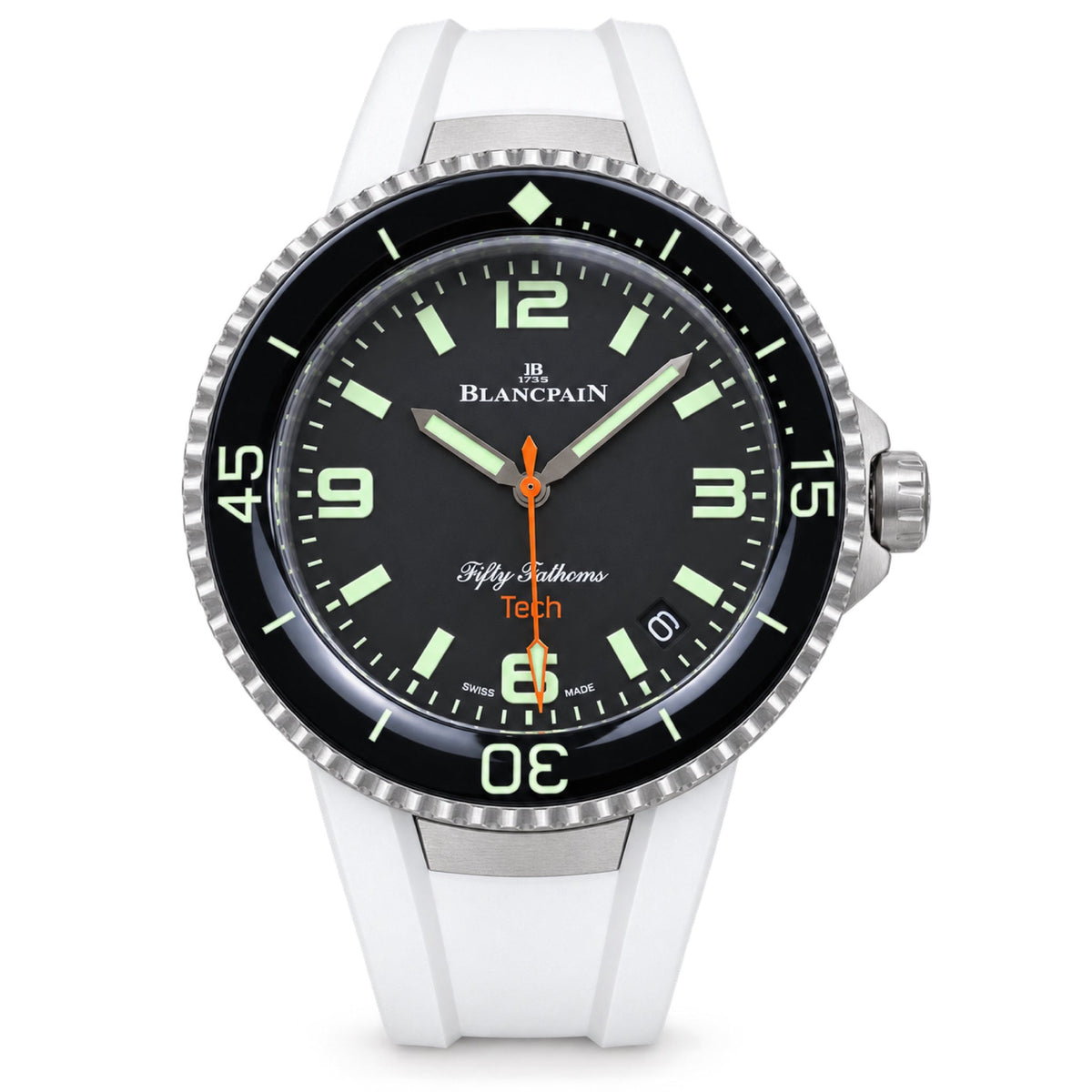 Blancpain Fifty Fathoms Tech black dial with orange seconds hand and white rubber strap