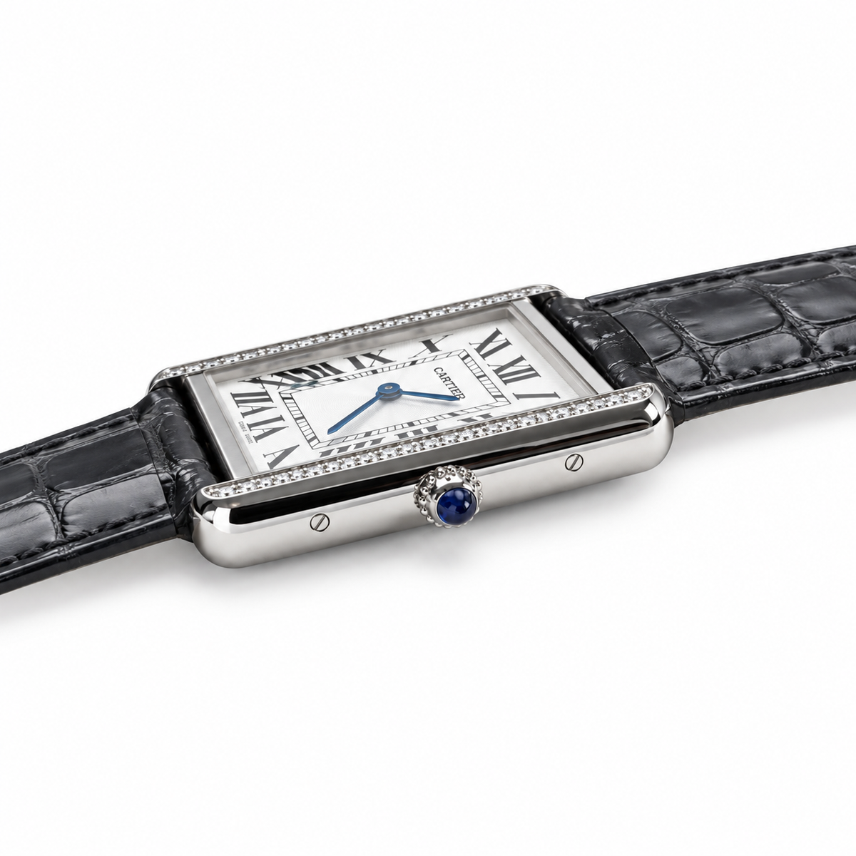 Cartier Tank Solo Large Stainless Steel Diamond Bezel White Dial Black Alligator Strap Watch