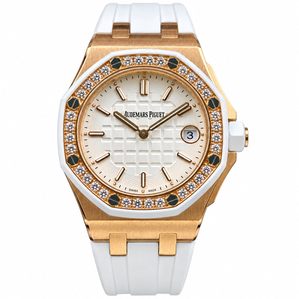 Audemars Piguet Royal Oak Offshore Ladies Rose Gold White Ceramic Diamond Bezel White Tapisserie Dial Rubber Strap