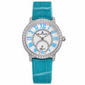 Blancpain Ladybird diamond bezel mother-of-pearl dial with turquoise Roman numerals and turquoise alligator strap