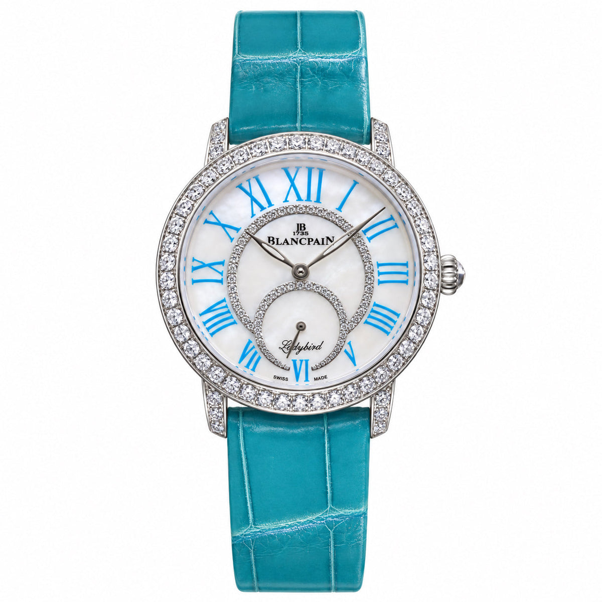 Blancpain Ladybird diamond bezel mother-of-pearl dial with turquoise Roman numerals and turquoise alligator strap