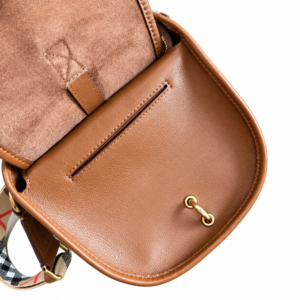 Burberry Cognac Saddle Bag with Heritage Check Strap