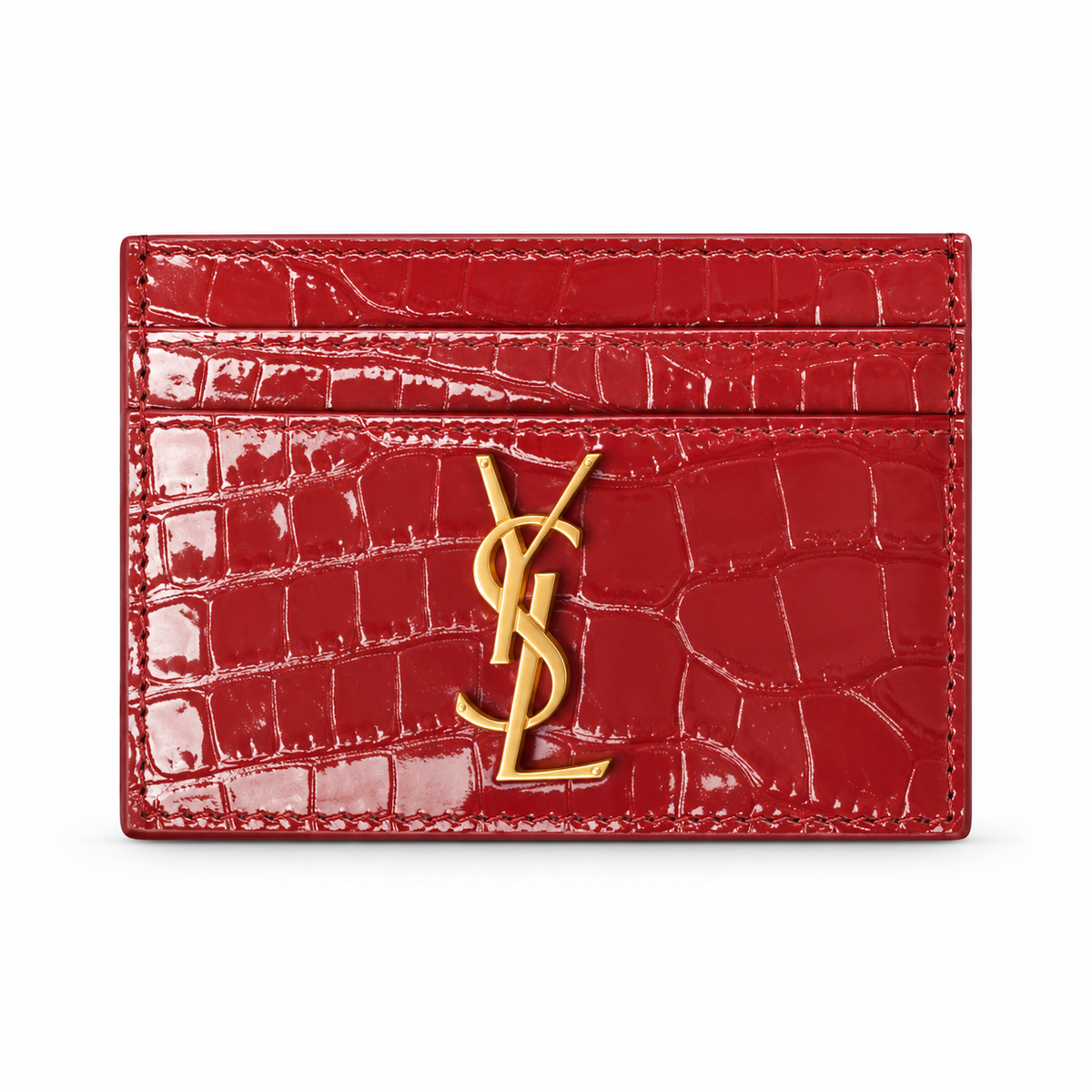 YSL Saint Laurent Monogram Croc-Embossed Card Holder Red