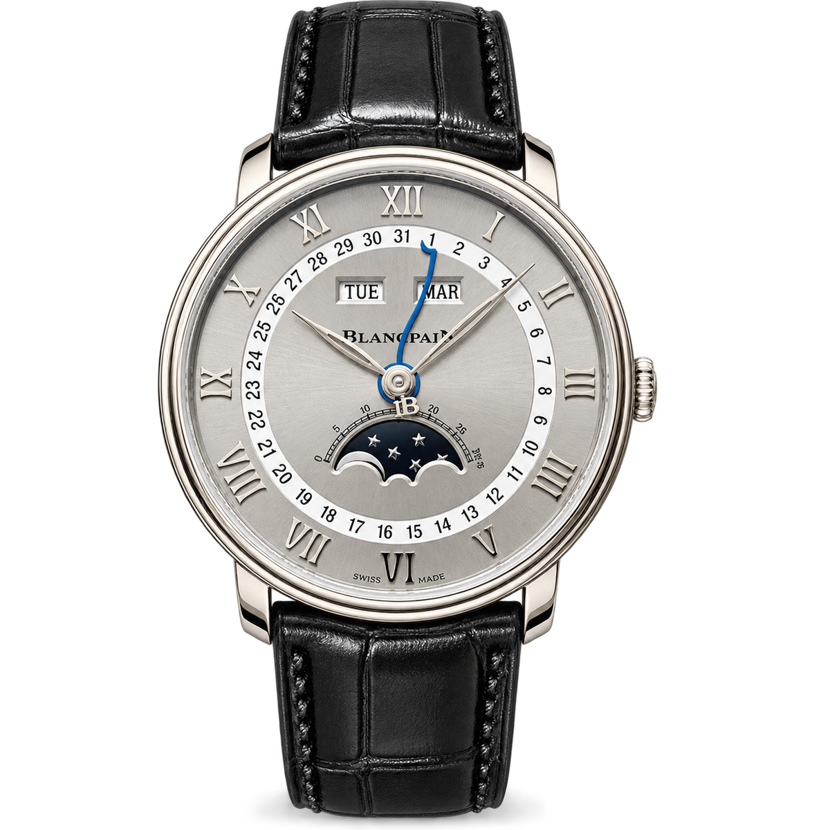 Blancpain Villeret Moonphase Full Calendar Steel Blue Hands Black Alligator Watch