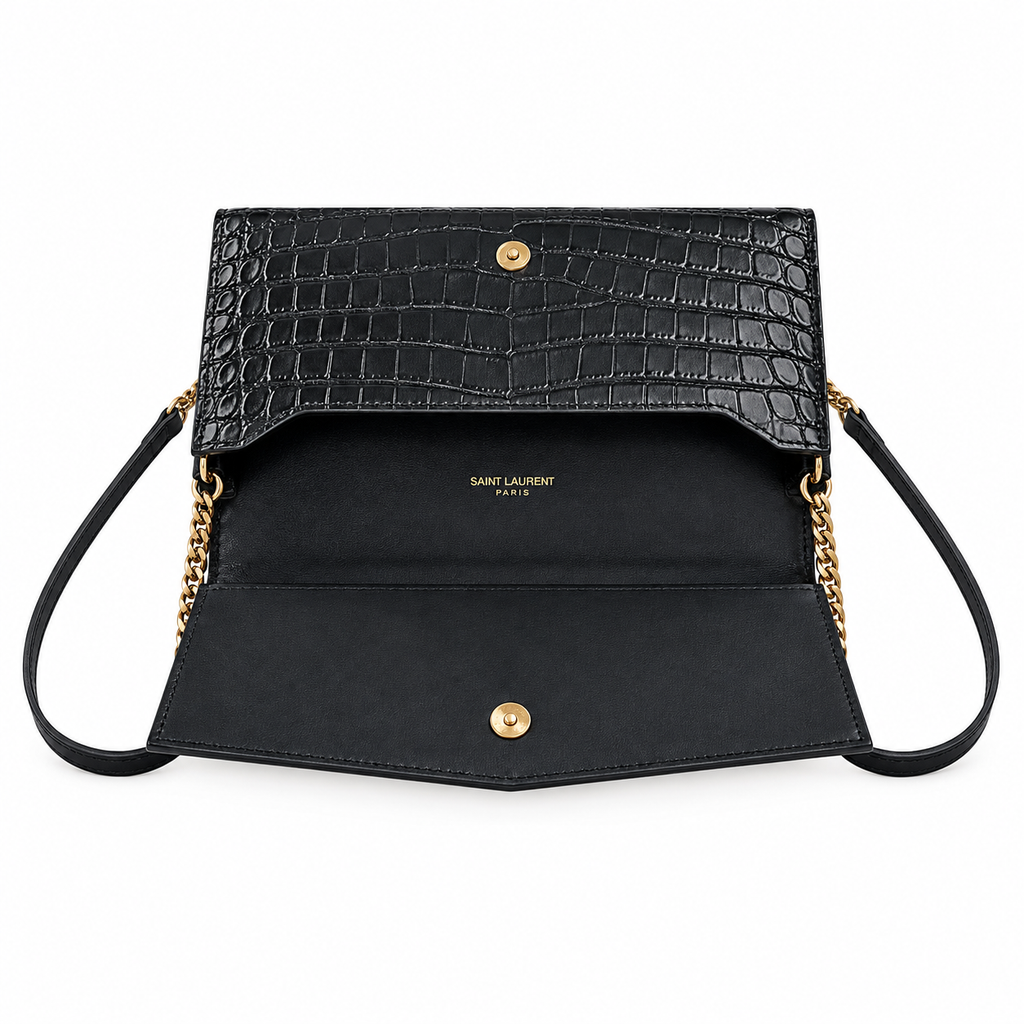 Saint Laurent Kate Medium Chain Bag in Black Croc