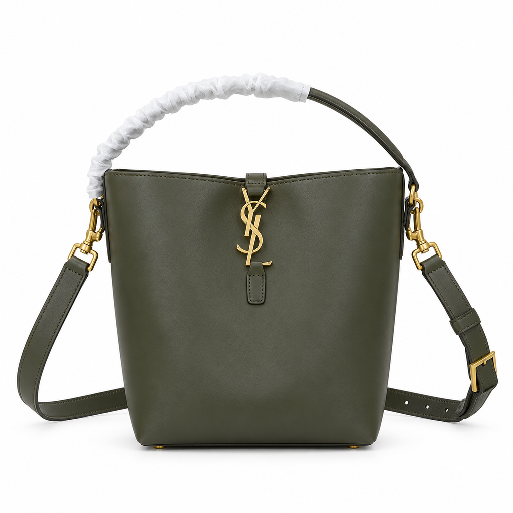 YSL Saint Laurent Le Petit Suzanne Bucket Bag Khaki Smooth Leather Gold YSL Charm Adjustable Shoulder Strap