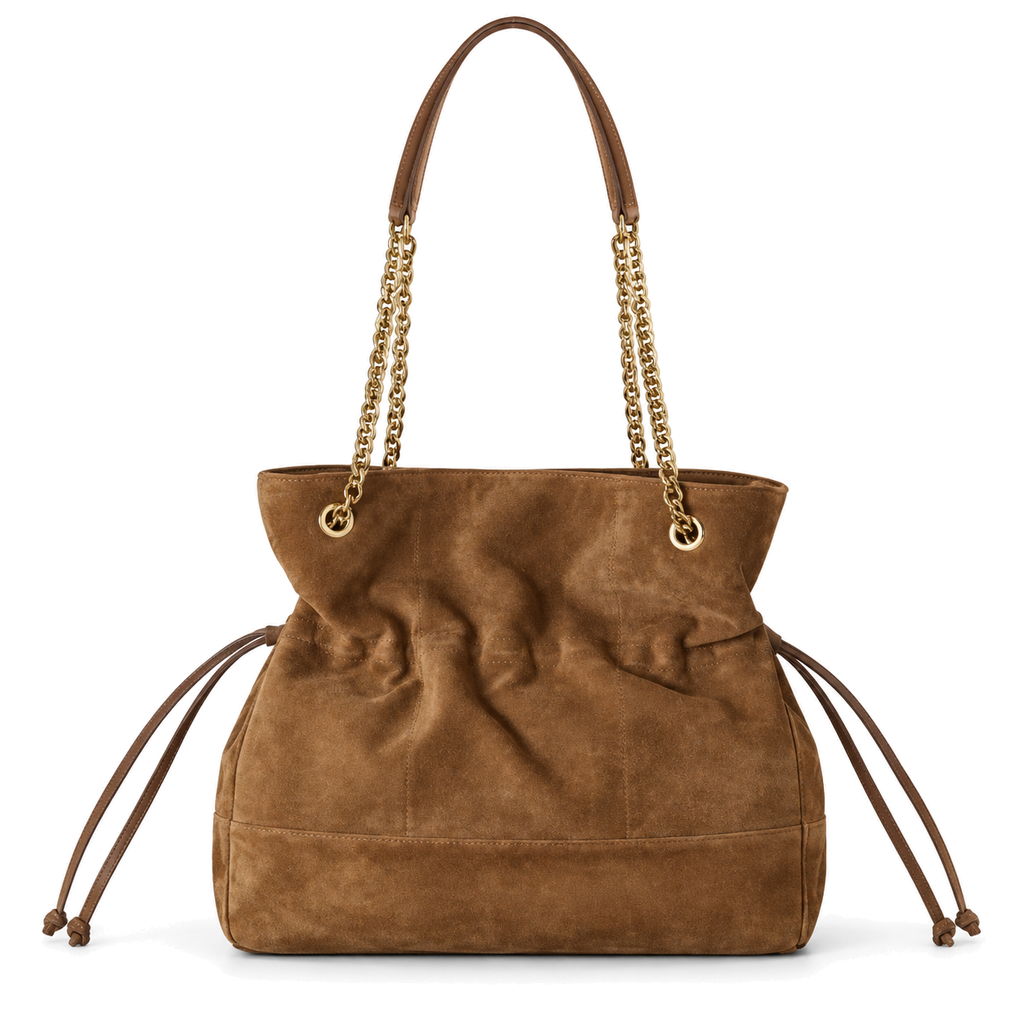Saint Laurent YSL Juillet large drawstring tote bag in camel warm tan suede calfskin with double gold chain leather handles and gold ring eyelets