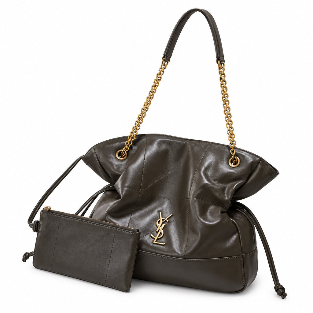 YSL Saint Laurent Bougeoir Drawstring Tote in Khaki Quilted Leather