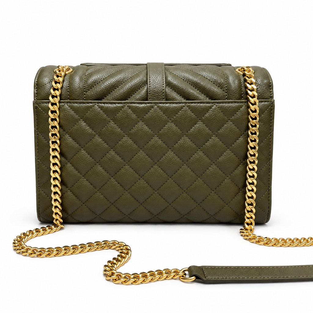 YSL College Quilted Caviar Leather Shoulder Bag Olive