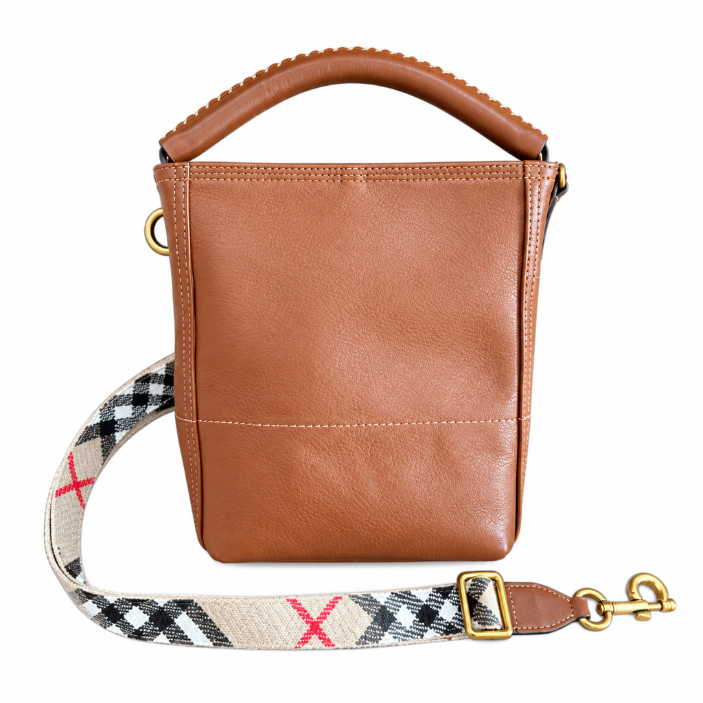 Burberry Cognac Bucket Bag with Heritage Check Strap