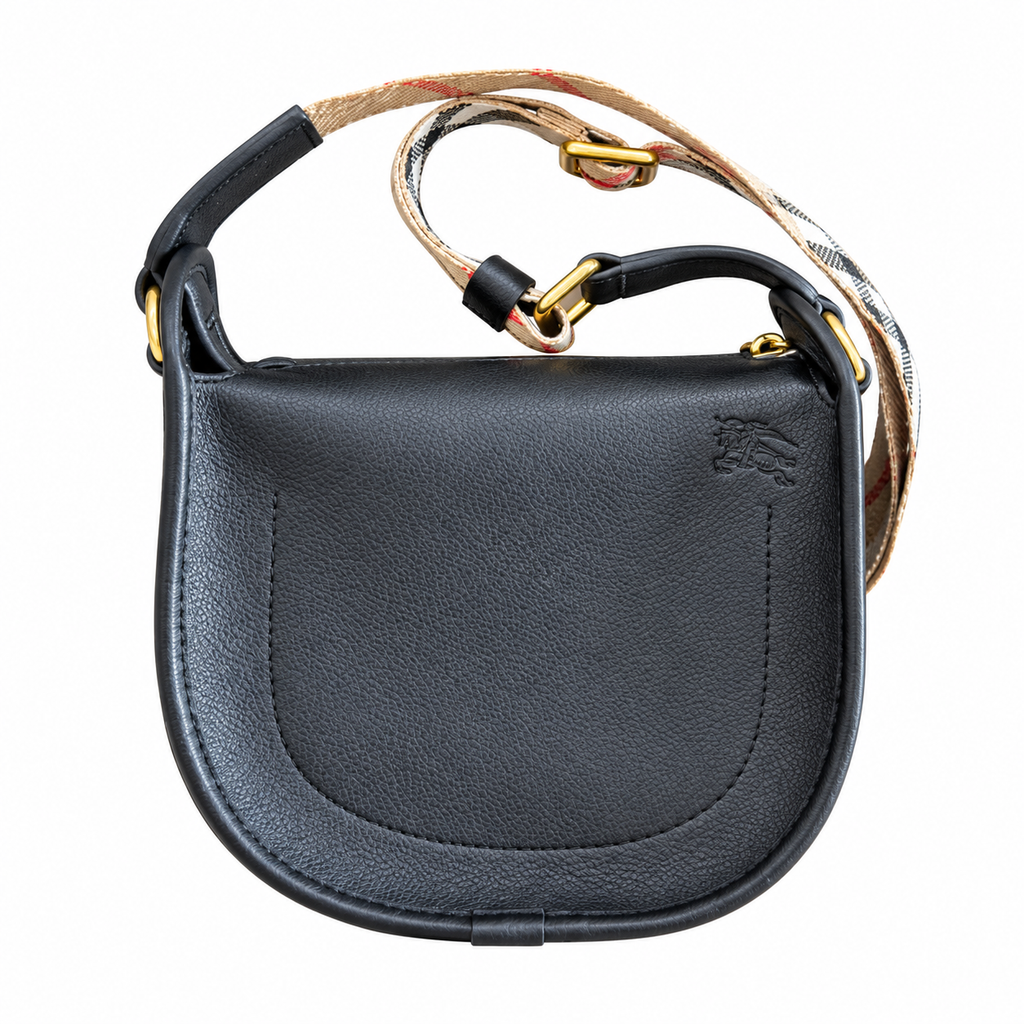 Burberry Black Saddle Bag with Heritage Check Strap