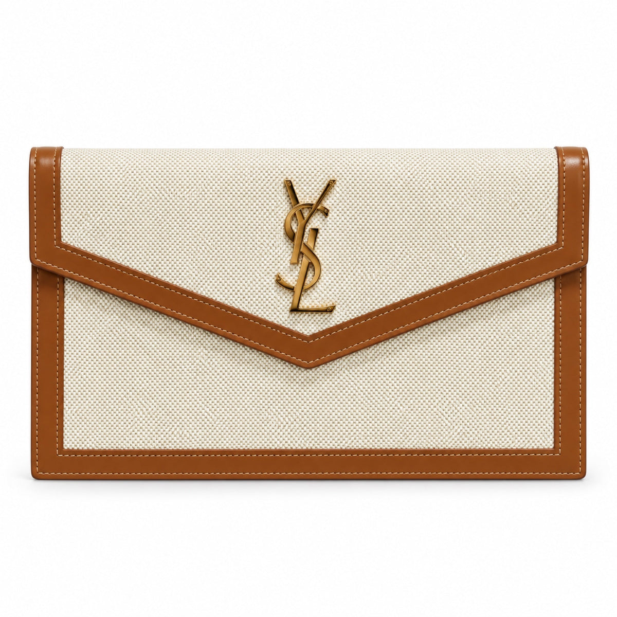YSL Saint Laurent Cassandre Envelope Clutch Natural Linen Tan Leather Trim Gold YSL Monogram V-Flap