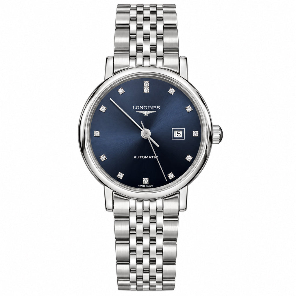 Longines Elegant Collection ladies automatic watch with blue diamond dial and stainless steel bracelet