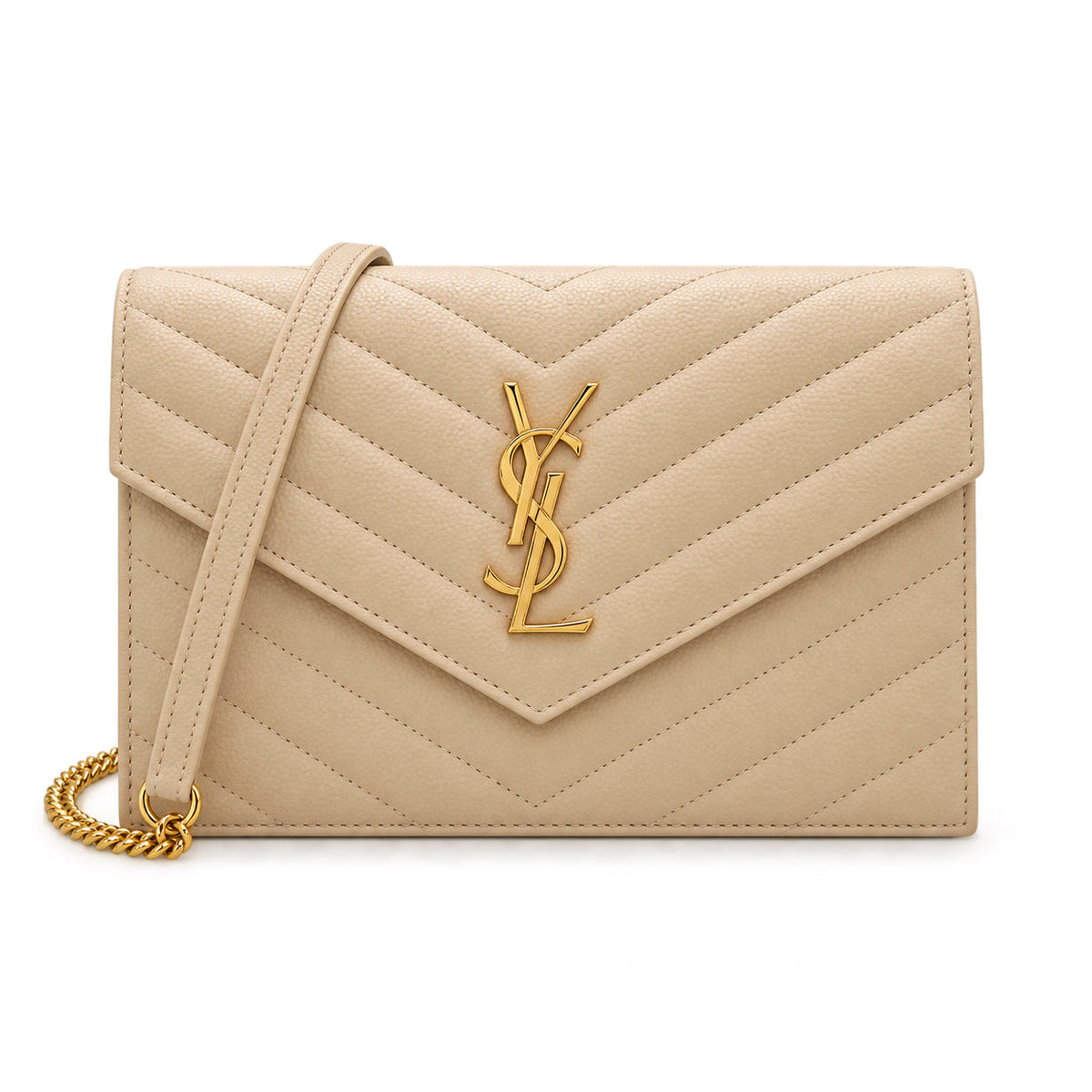 YSL Saint Laurent Envelope Chain Wallet Sand Matelasse Chevron Leather Gold YSL Monogram Gold Chain Strap