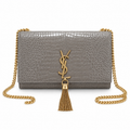 Saint Laurent YSL Kate Tassel chain crossbody bag in grey croc-embossed patent leather with oversized gold YSL monogram gold curb chain and gold tassel