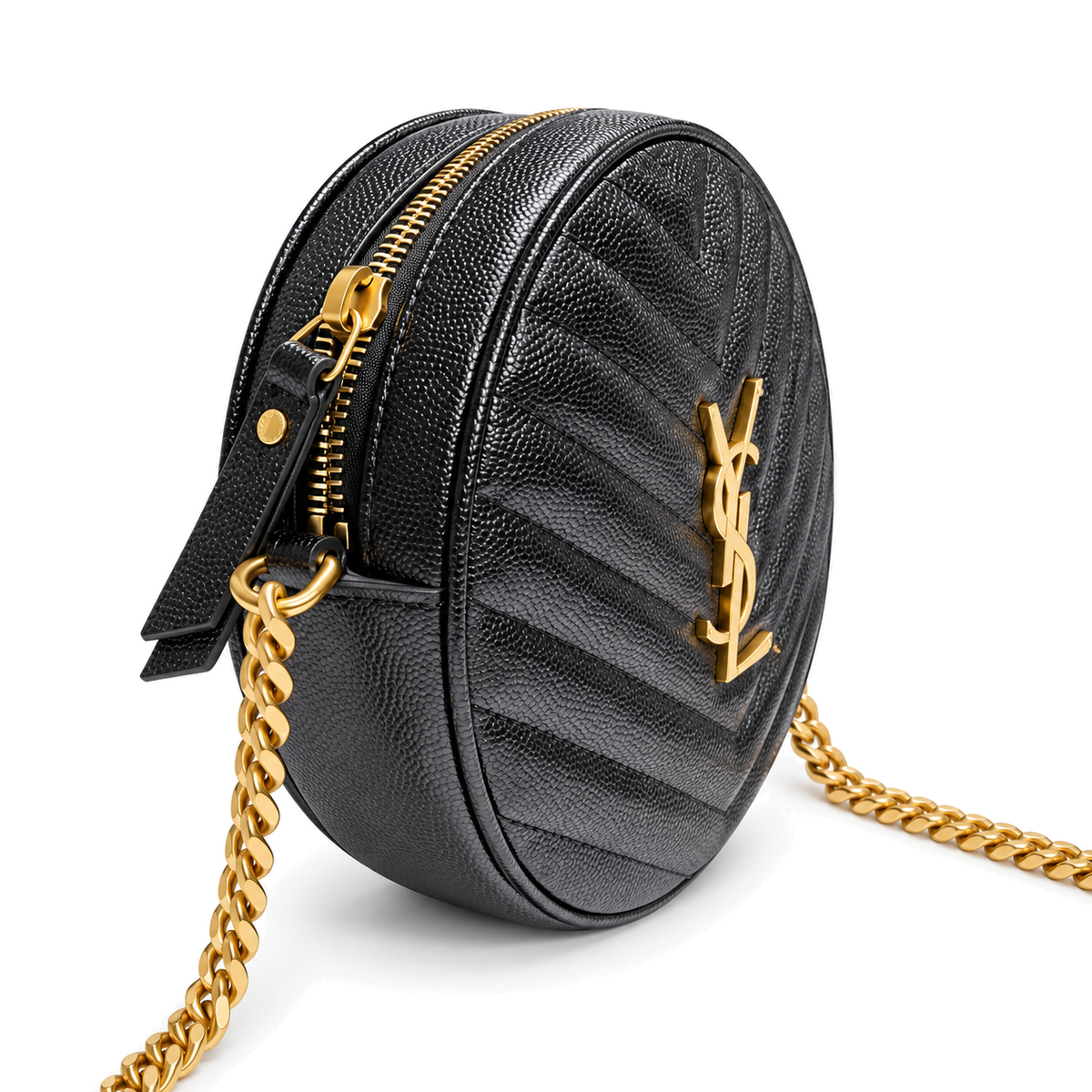YSL Saint Laurent Vinyle Round Chain Bag in Black Matelassé Leather