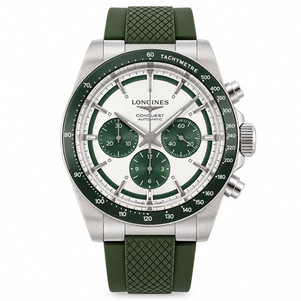 Longines Conquest Automatic Chronograph White Dial Green Bezel