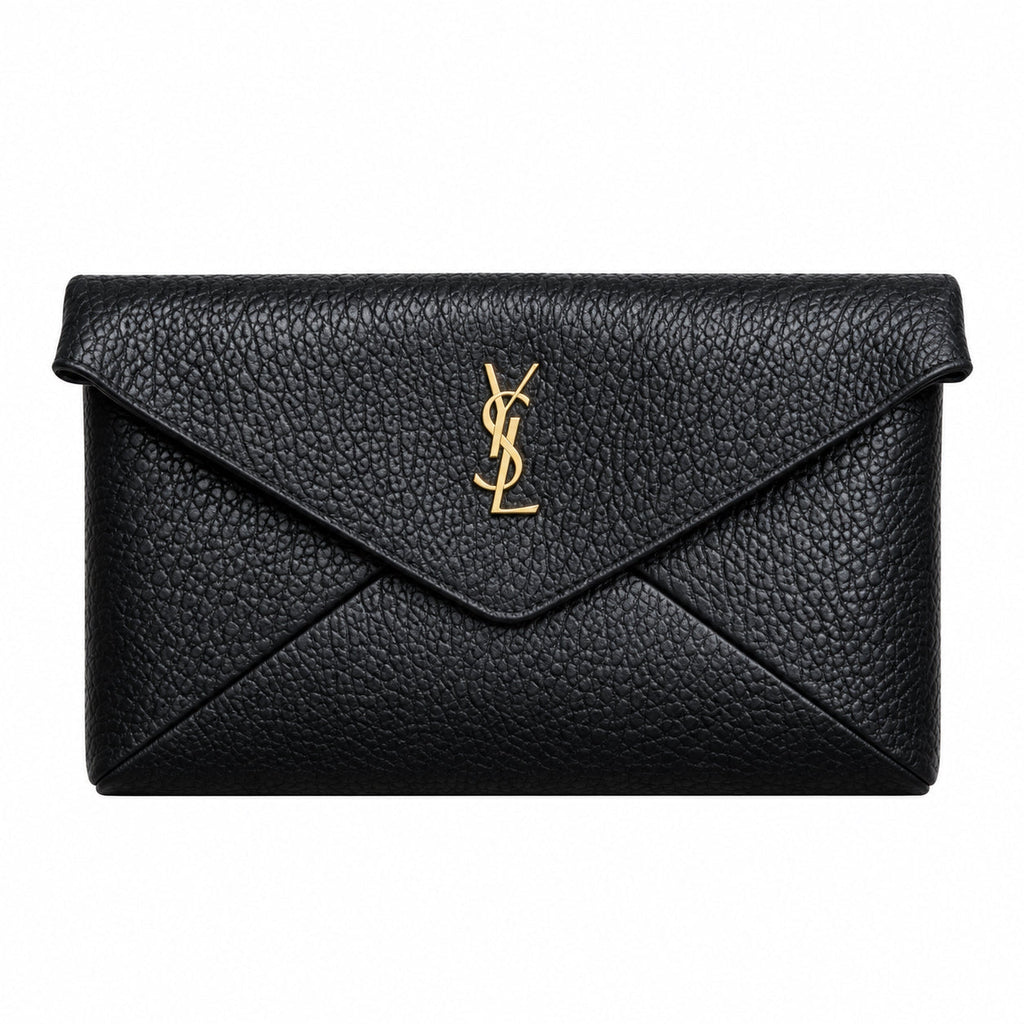 YSL Saint Laurent Cassandre Large Envelope Pouch in Black Grained Leather
