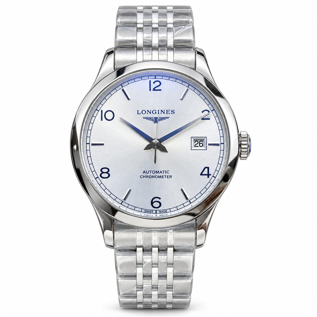 Longines Record Silver Dial Blue Hands Steel Bracelet Chronometer Watch