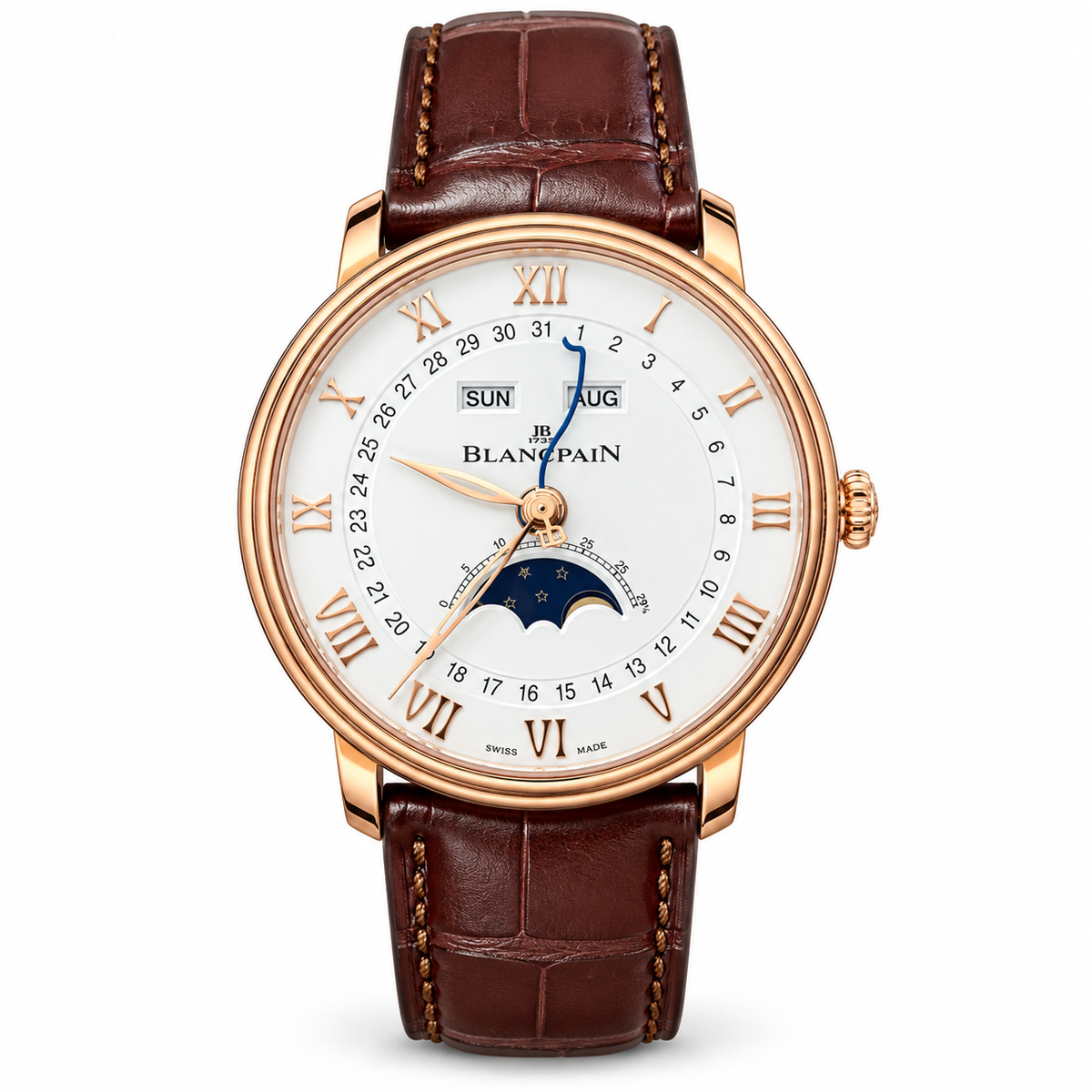 Blancpain Villeret full calendar moonphase rose gold white lacquer dial Roman numerals blue steel hands peripheral date brown alligator strap automatic watch
