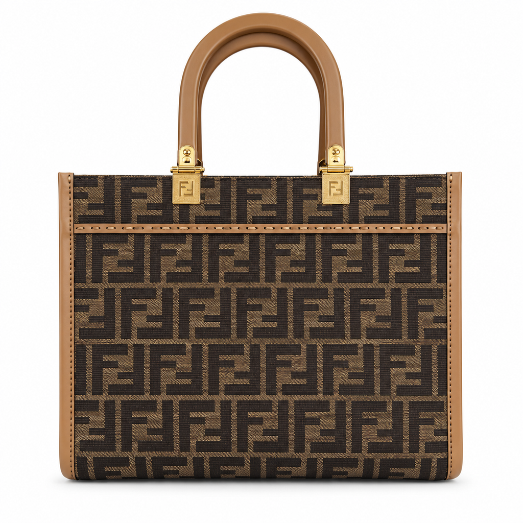 Fendi Sunshine Small Tote – FF Jacquard & Blush Calfskin Top Handle Bag