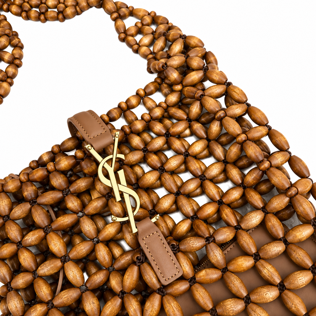 YSL Cassandre Beaded Wood Hobo Shoulder Bag Tan