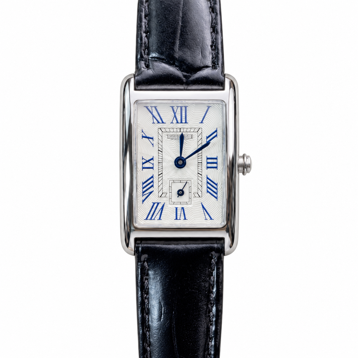 Longines DolceVita White Guilloché Blue Roman Numerals Navy Leather Watch