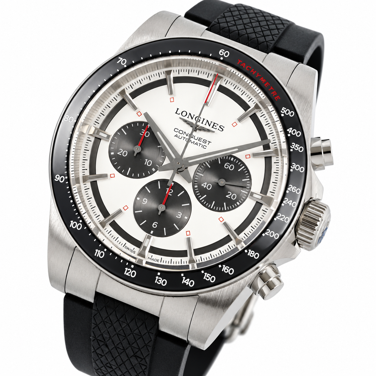 Longines Conquest Automatic Chronograph White Dial Red Accents