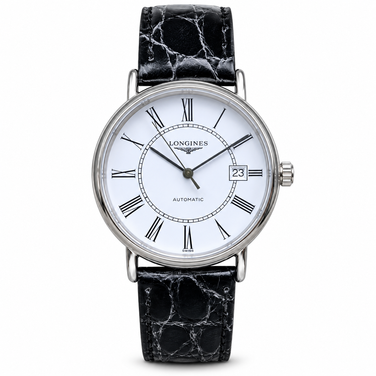 Longines Présence White Dial Roman Numerals Black Leather Dress Watch