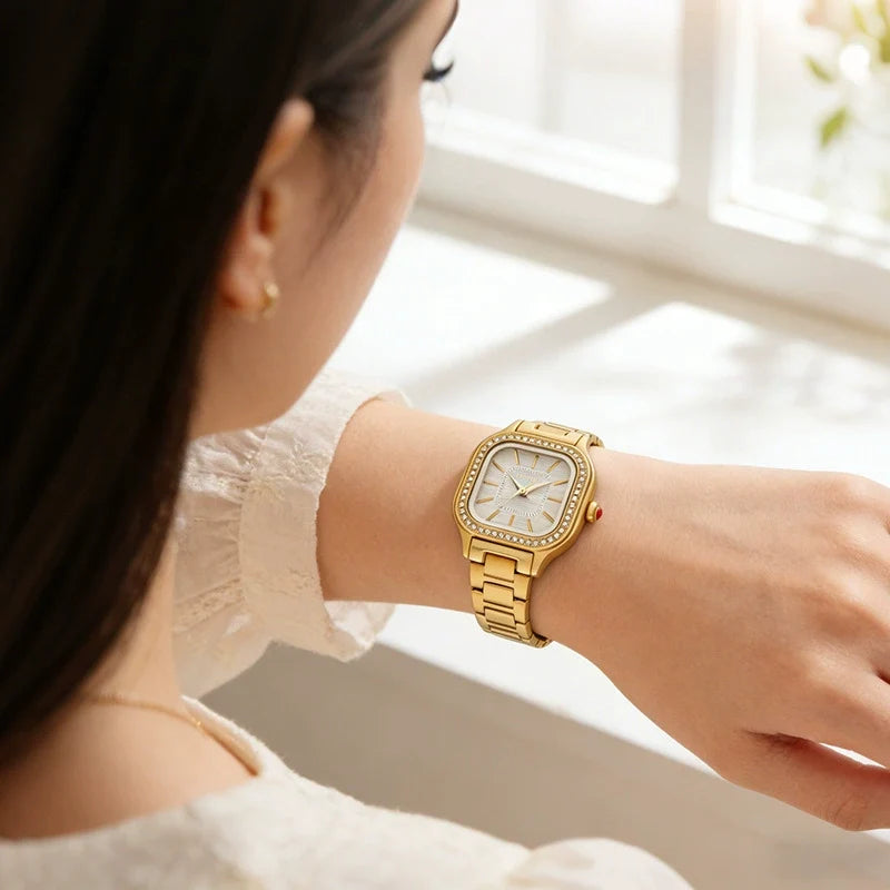EPOER — Gold-Tone Square Case, Cream Dial, Crystal Markers & Gold Mesh Bracelet, Women