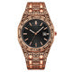 Men's Iced Out Rose Gold Full Crystal CZ Diamond Black Dial Gold Hands Bracelet Fashion Watch Street Luxury
