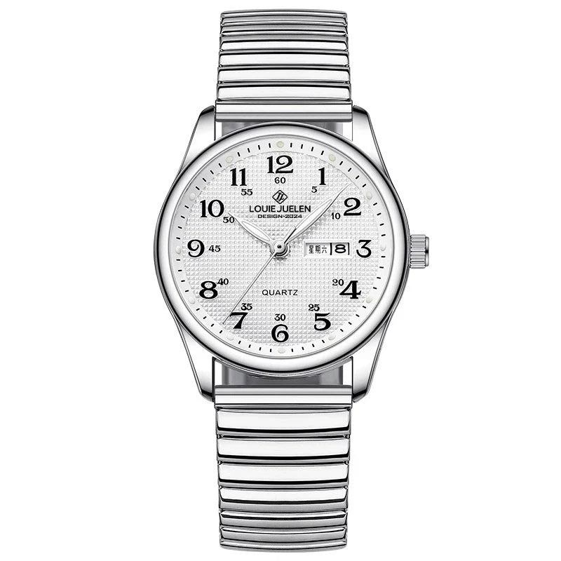 Louie Juelen — Stainless Steel, White Dial, Day-Date & Stretch Bracelet