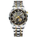 VAVA VOOM Skeleton Automatic Watch Faceted Black Ceramic Bezel Gold Inner Ring Two-Tone Pyramid Link Bracelet Men
