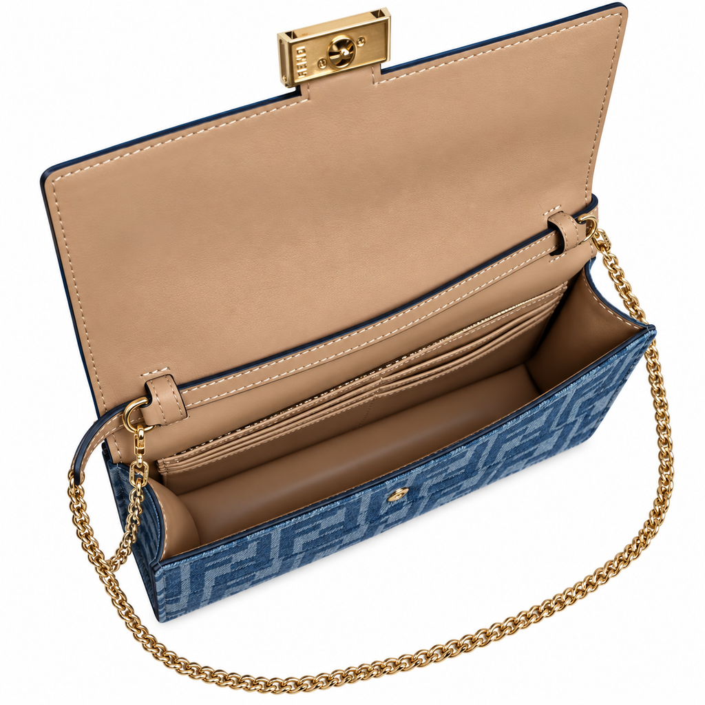Fendi FF Slim Shoulder Bag – Jacquard Canvas & Leather Trim, Flap Closure, 21cm