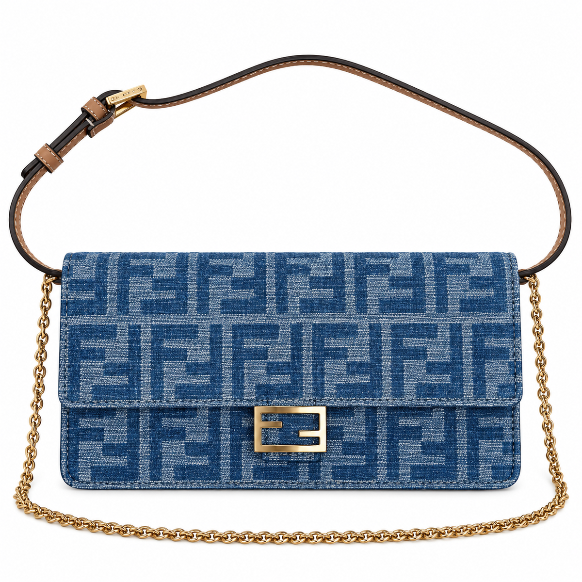 Fendi FF Slim Shoulder Bag – Jacquard Canvas & Leather Trim, Flap Closure, 21cm